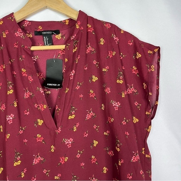 Forever 21 Red Floral Popover Short Sleeve Blouse S - Picture 3 of 4